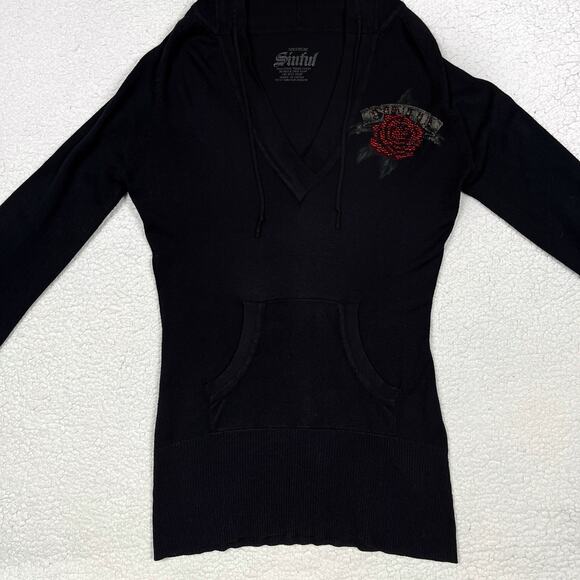 Y2K Sinful Rhinestone Black Ribbed Hooded Sweater Dress Goth Skull Roses Medium - Picture 5 of 16